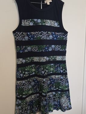 Michael Kors Navy Mini Dress with Blue & Green Paisley Stripes